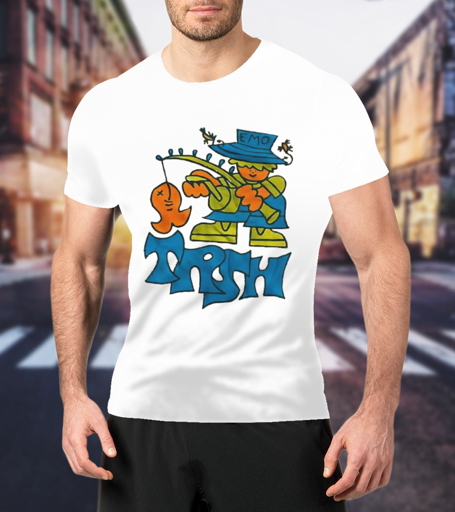 Emo Trsh Cartoon Fisherman Catching Orange Fish Wearing Blue And Green Outfit T-Shirt
