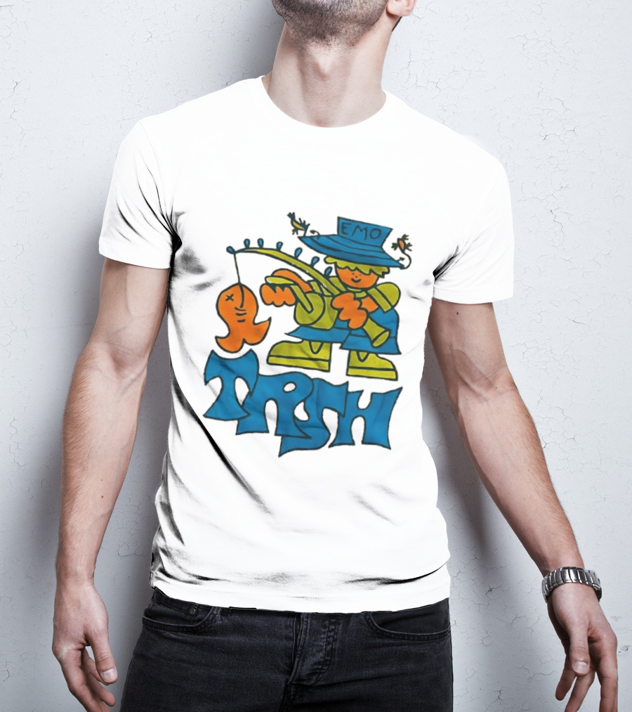 Emo Trsh Cartoon Fisherman Catching Orange Fish Wearing Blue And Green Outfit T-Shirt