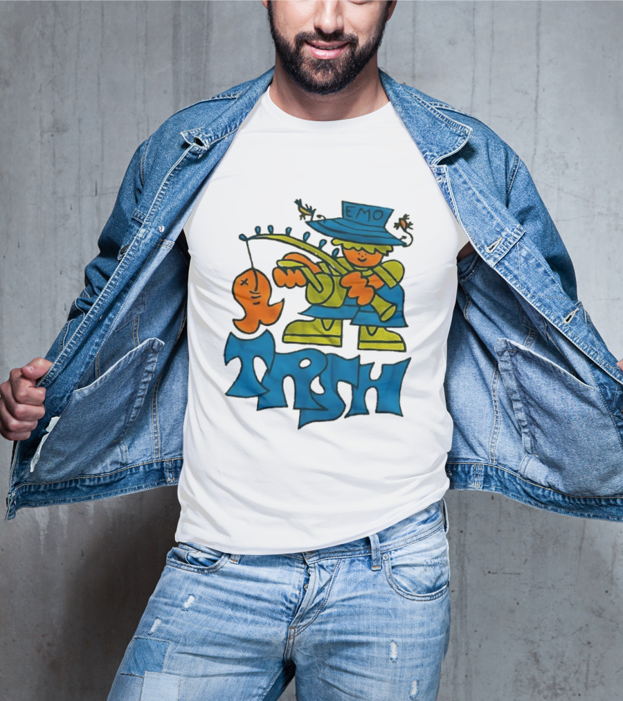 Emo Trsh Cartoon Fisherman Catching Orange Fish Wearing Blue And Green Outfit T-Shirt