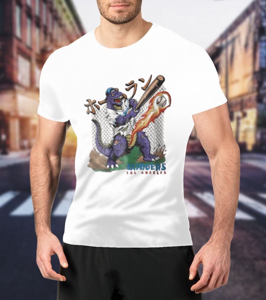 Dodgers Los Angeles Purple Dinosaur Baseball Player Batting With Flaming Ball T-Shirt