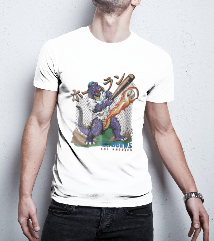 Dodgers Los Angeles Purple Dinosaur Baseball Player Batting With Flaming Ball T-Shirt