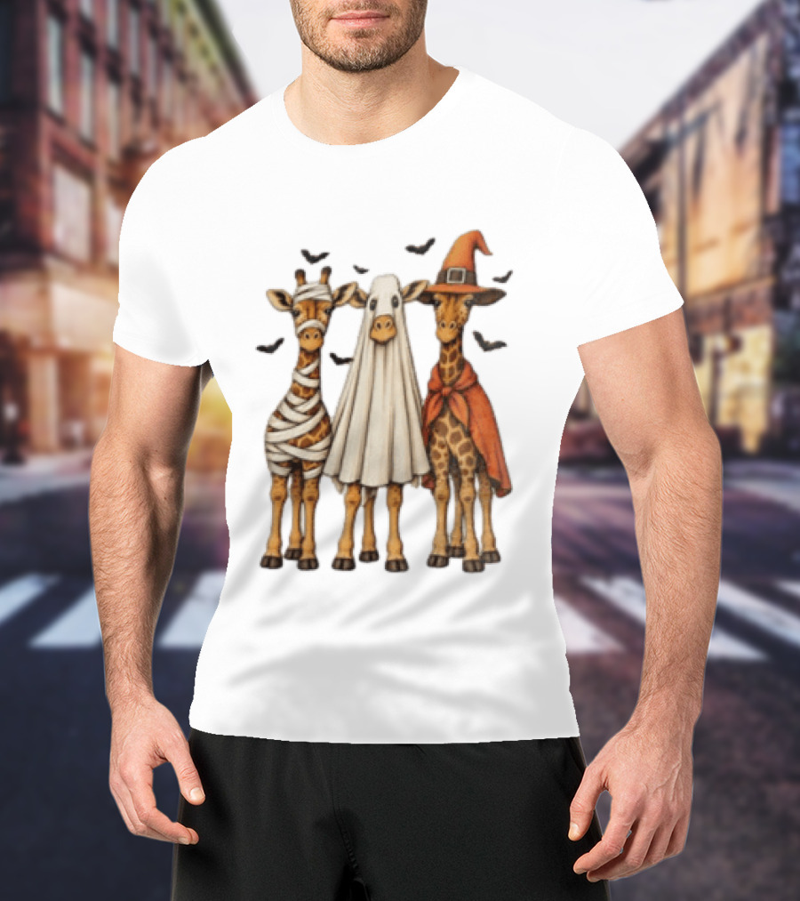 Giraffe Costume Halloween Mummy Ghost Witch Trio T-Shirt