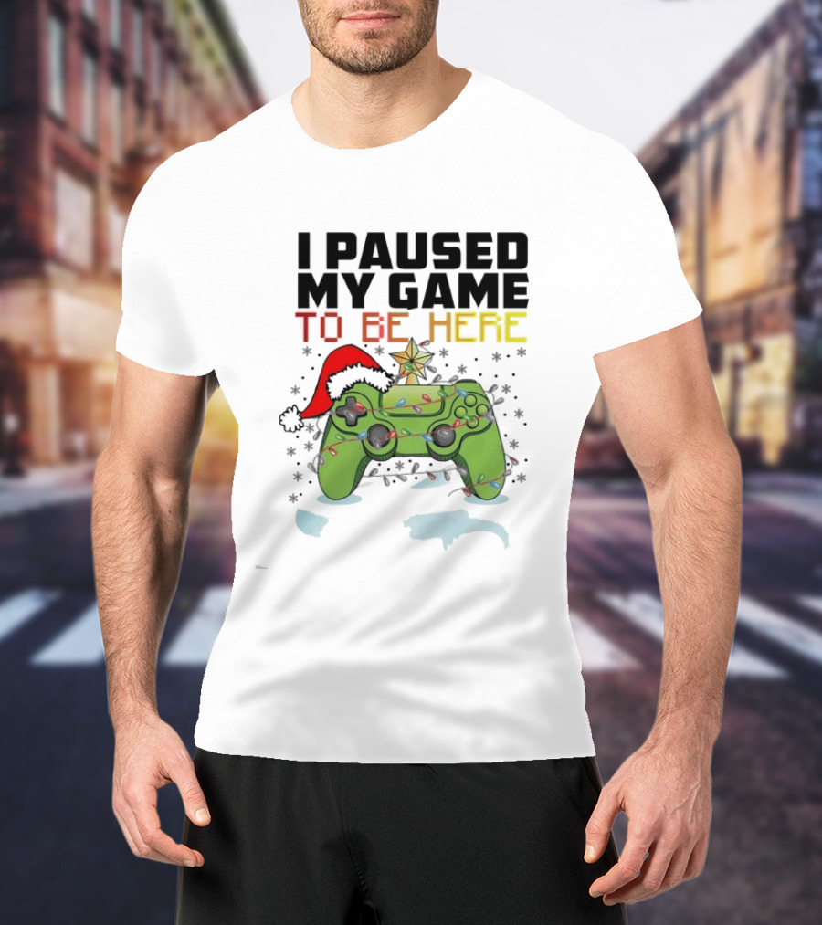 I Paused My Game To Be Here Christmas Gamer Controller Holiday Lights Santa Hat T-Shirt