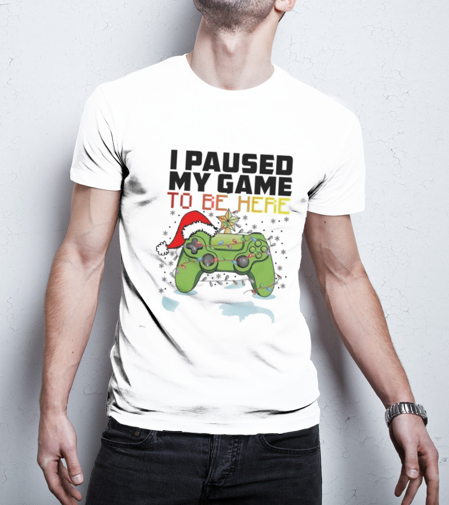 I Paused My Game To Be Here Christmas Gamer Controller Holiday Lights Santa Hat T-Shirt