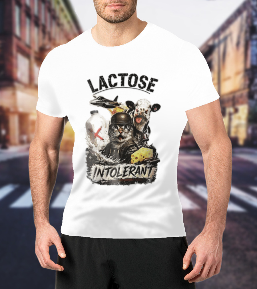 Lactose Intolerant Cat Soldier Cow Milk Cheese Jet T-Shirt
