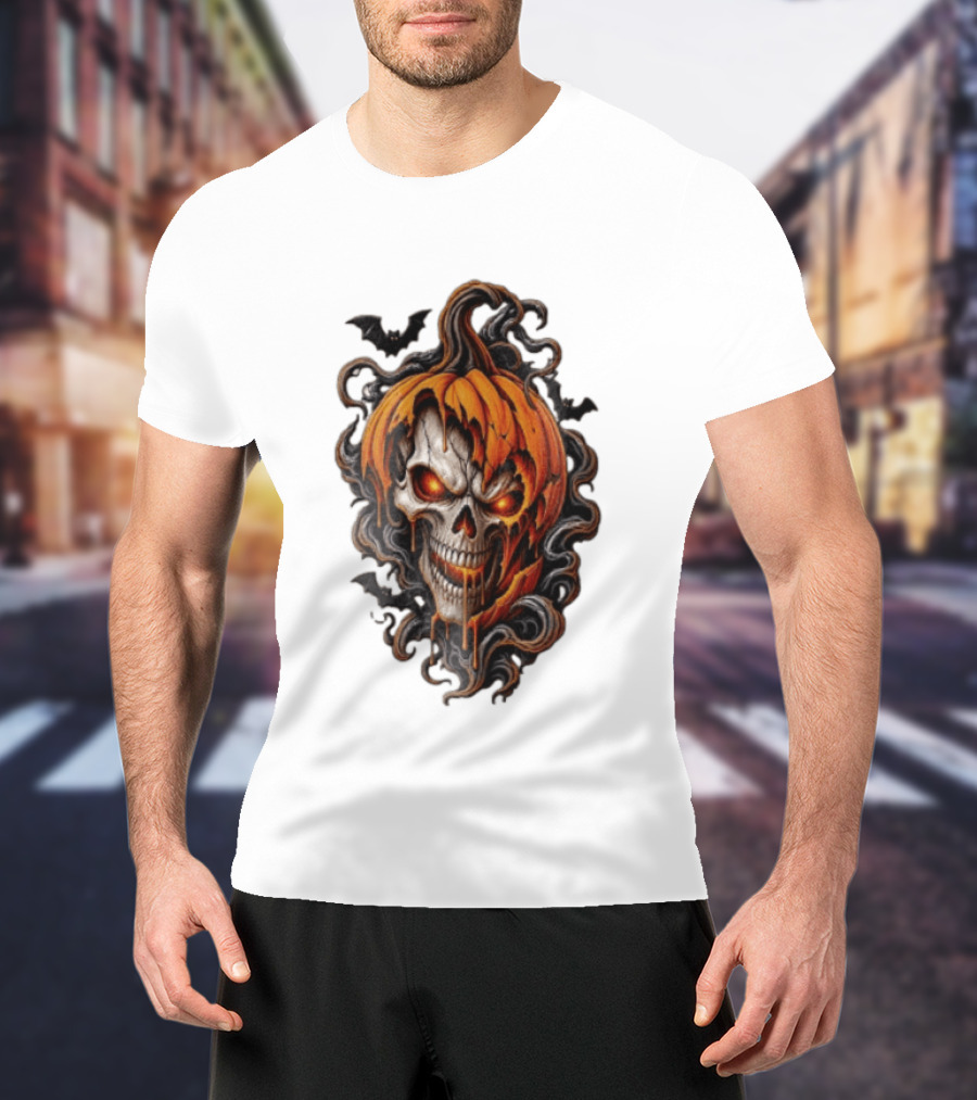 Skull Rage Halloween Pumpkin With Bats And Flames T-Shirt