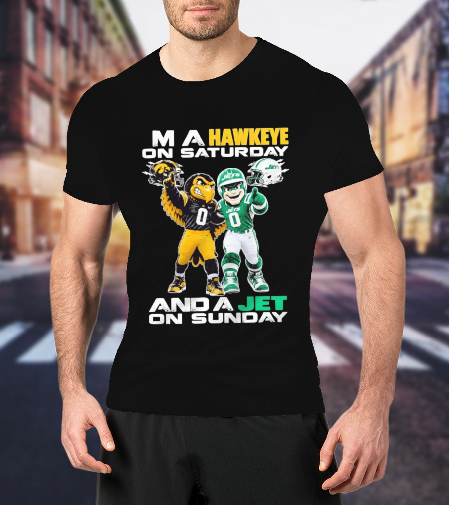 Hawkeye On Saturday Jets On Sunday Football Mascots T-Shirt
