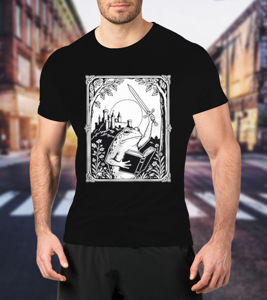 Warrior Frog Reading Book With Sword And Castle In Black And White Scene T-Shirt