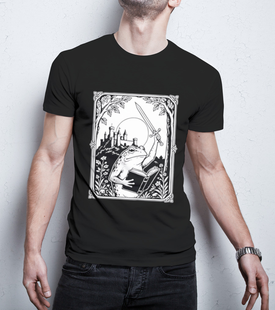 Warrior Frog Reading Book With Sword And Castle In Black And White Scene T-Shirt