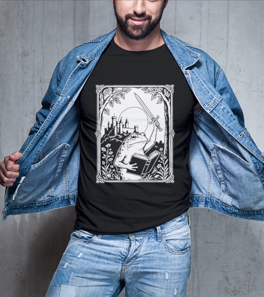 Warrior Frog Reading Book With Sword And Castle In Black And White Scene T-Shirt