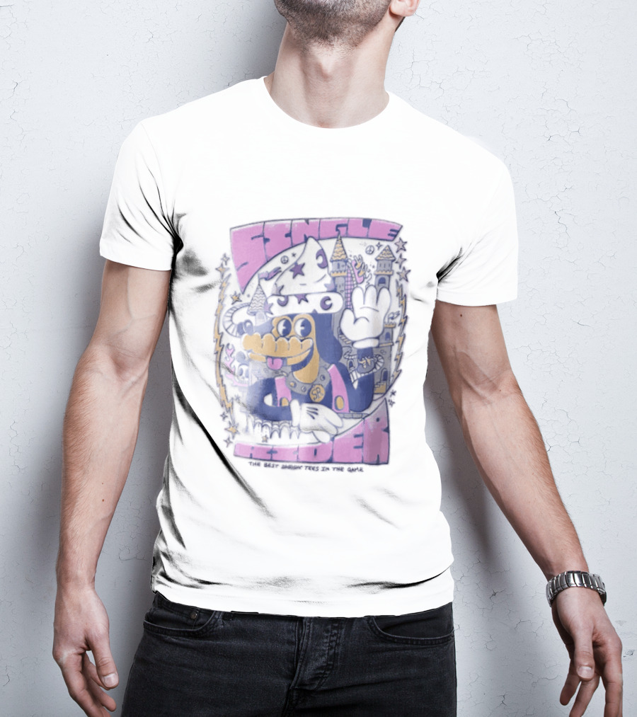 Single Rider Cartoon Dog Wizard With Hat And Spiked Collar Retro Fantasy Scene T-Shirt