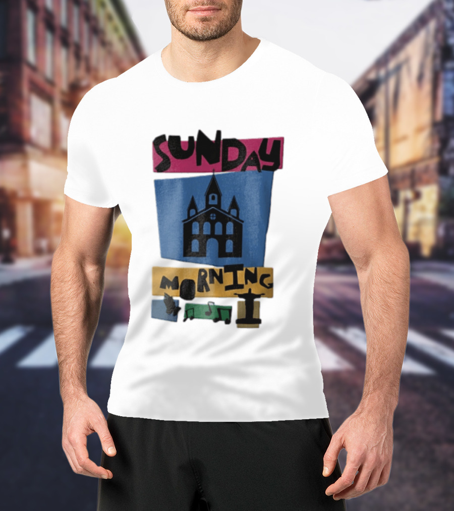 Sunday Morning Church Building Praying Hands Musical Notes Christ The Redeemer T-Shirt