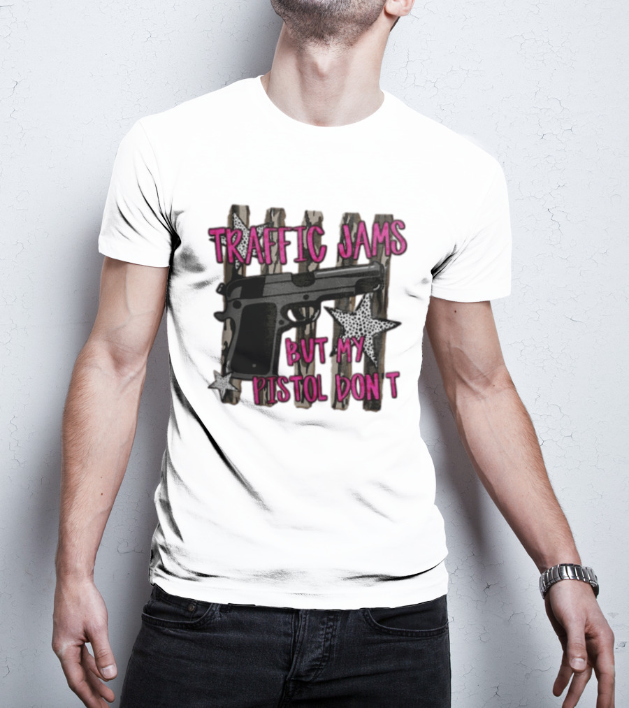 Traffic Jams But My Pistol Don't Handgun Over Stripes Leopard T-Shirt