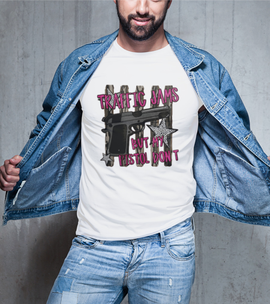 Traffic Jams But My Pistol Don't Handgun Over Stripes Leopard T-Shirt