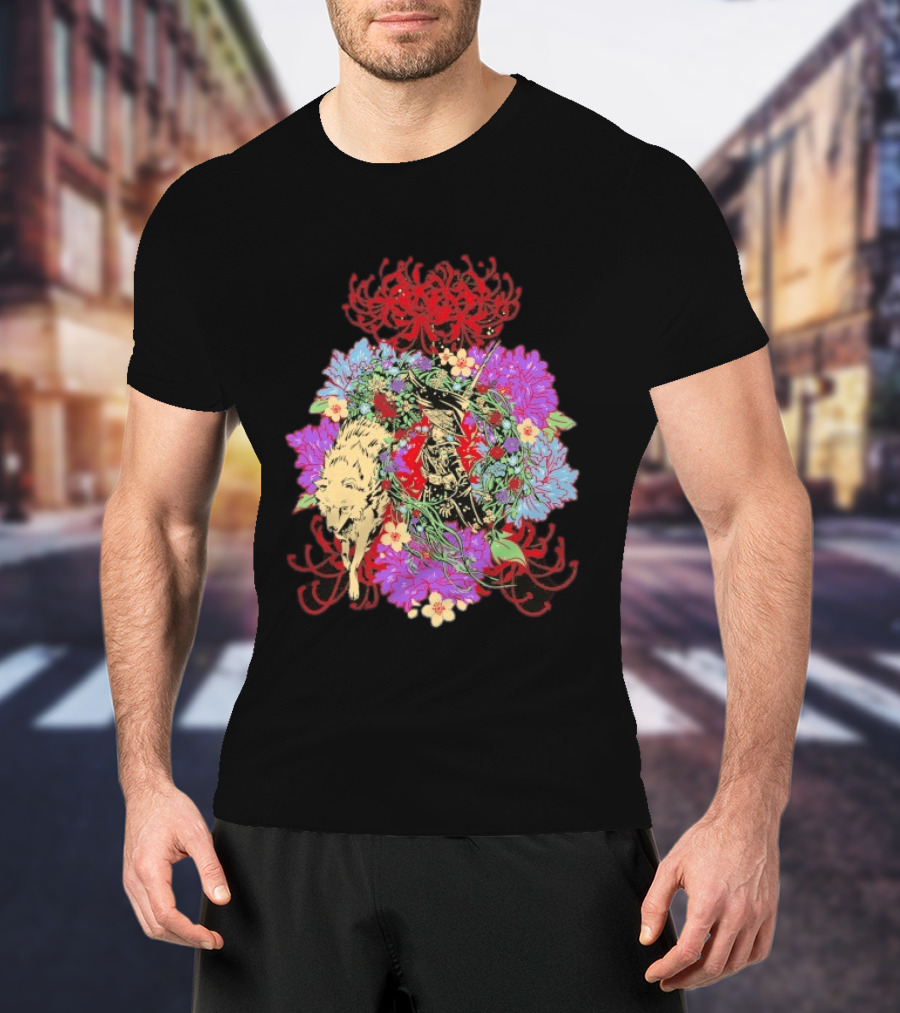 Beast Of Reincarnation Blooming Artistic Floral Samuraи Wolf Fusion T-Shirt