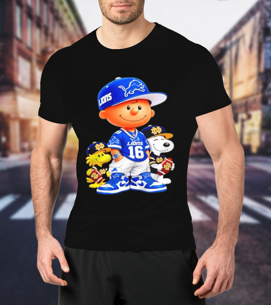 Charlie Brown Snoopy Woodstock Detroit Lions 16 Jersey Notre Dame Iconic Peanuts Characters T-Shirt