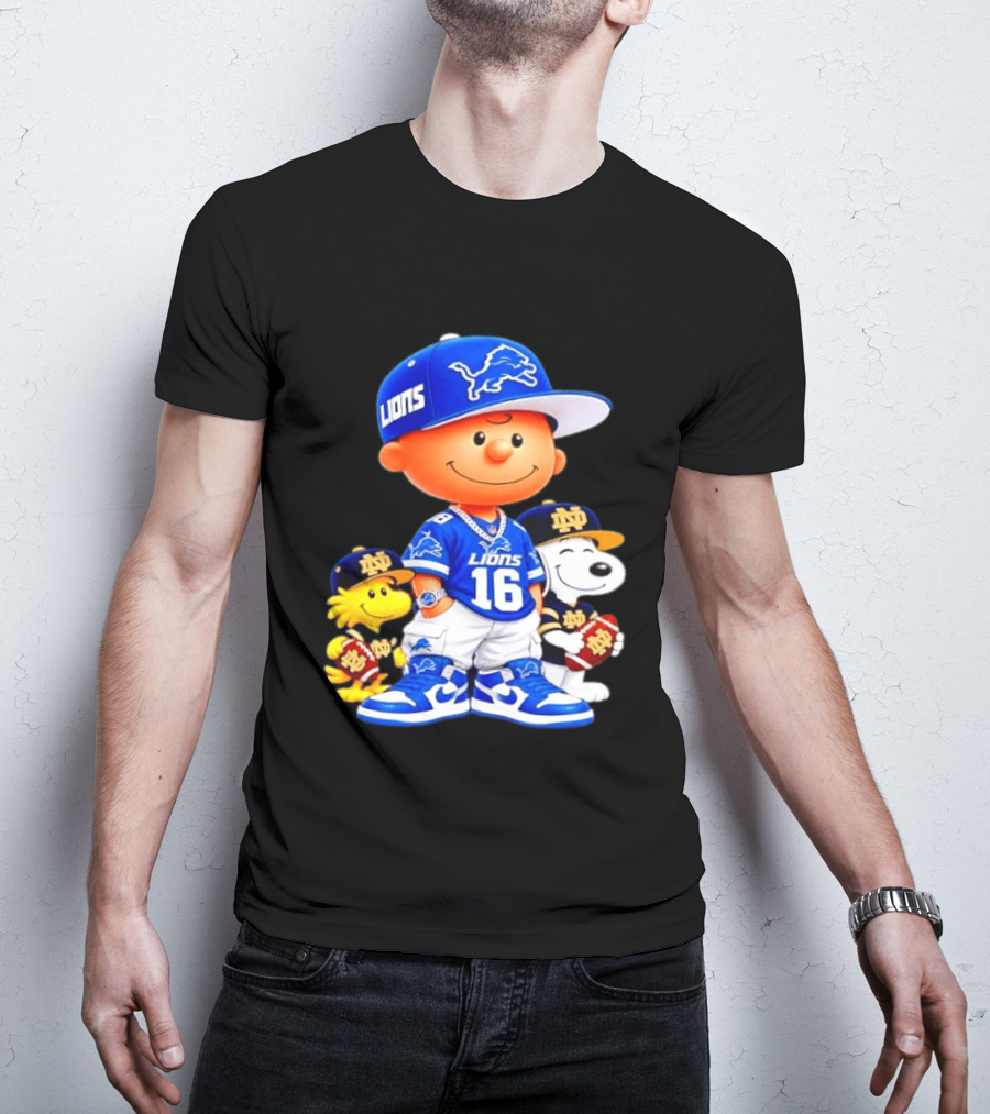 Charlie Brown Snoopy Woodstock Detroit Lions 16 Jersey Notre Dame Iconic Peanuts Characters T-Shirt