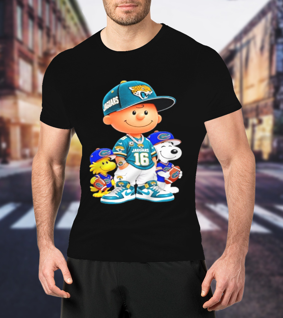 Charlie Brown With Snoopy And Woodstock Jacksonville Jaguars 16 Jersey Peanuts Football Fan Gear T-Shirt