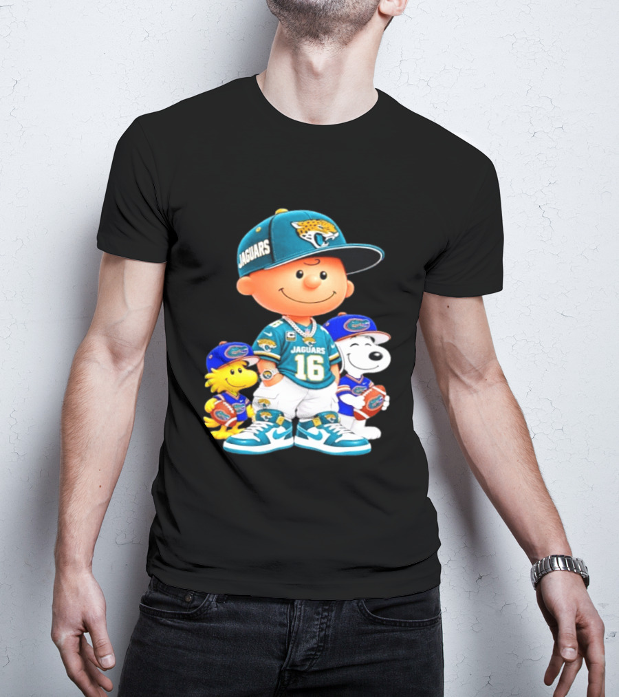 Charlie Brown With Snoopy And Woodstock Jacksonville Jaguars 16 Jersey Peanuts Football Fan Gear T-Shirt