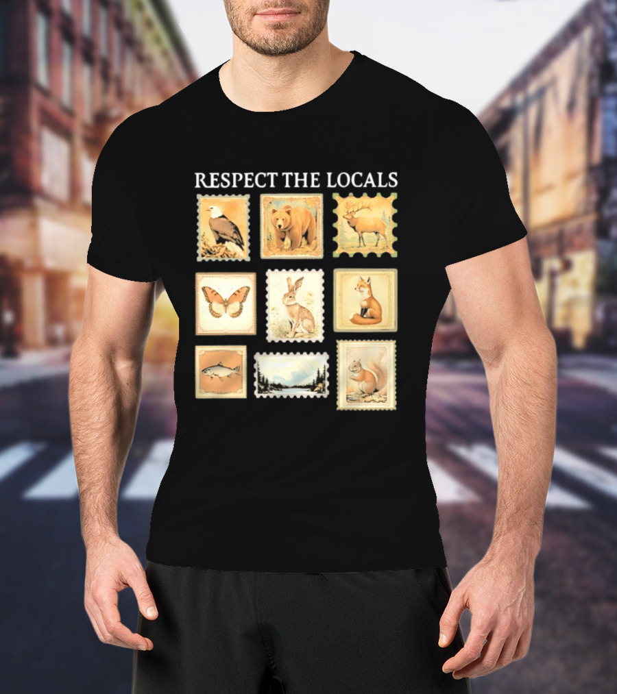 Respect The Locals Wildlife Stamp Collection With Bear Fox And Eagle T-Shirt