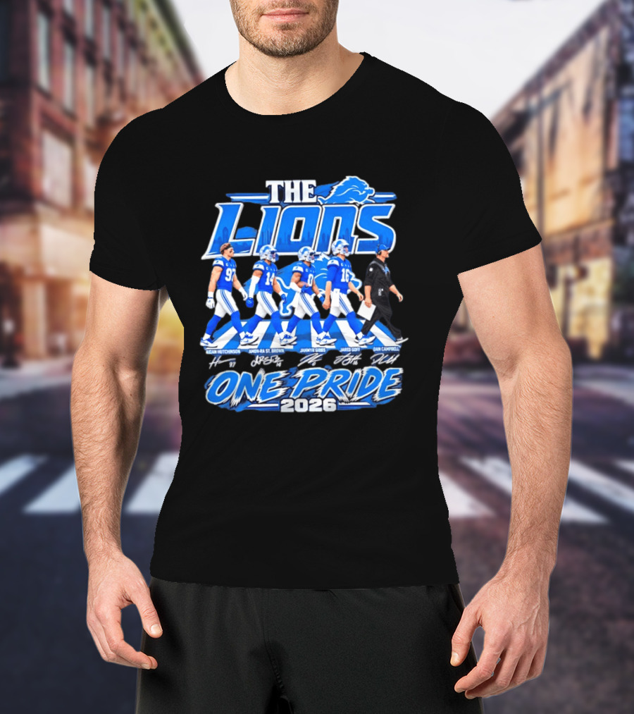 Detroit Lions The Lions One Pride Abbey Road 2026 Aidan Hutchinson Jahmyr Gibbs Jared Goff Dan Campbell T-Shirt