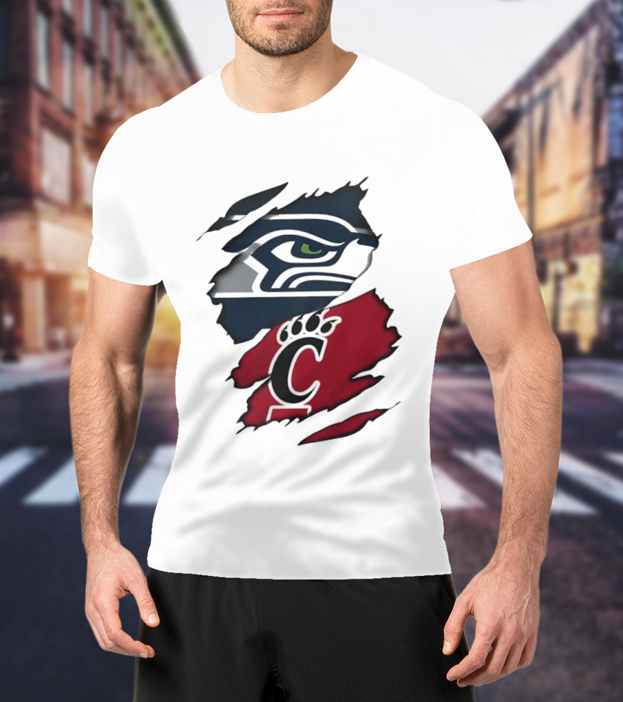 Seattle Seahawks Cincinnati Bearcats Ripped Fabric Fan T-Shirt