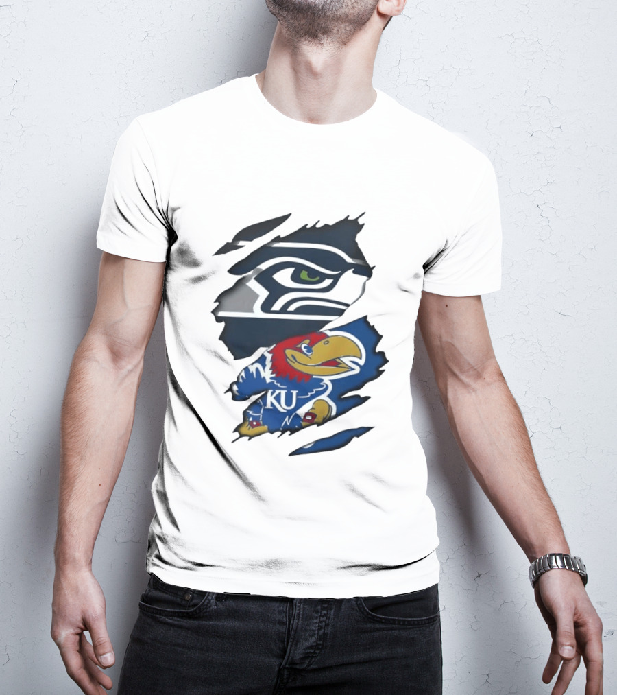Seattle Seahawks And Kansas Jayhawks Torn Fabric Football And Basketball Fan Merchandise T-Shirt