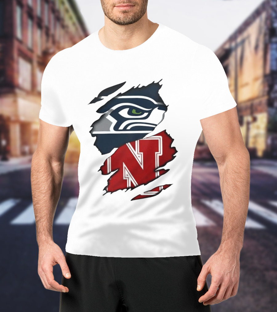 Seattle Seahawks And Nebraska Cornhuskers Split Torn Fabric Blend T-Shirt