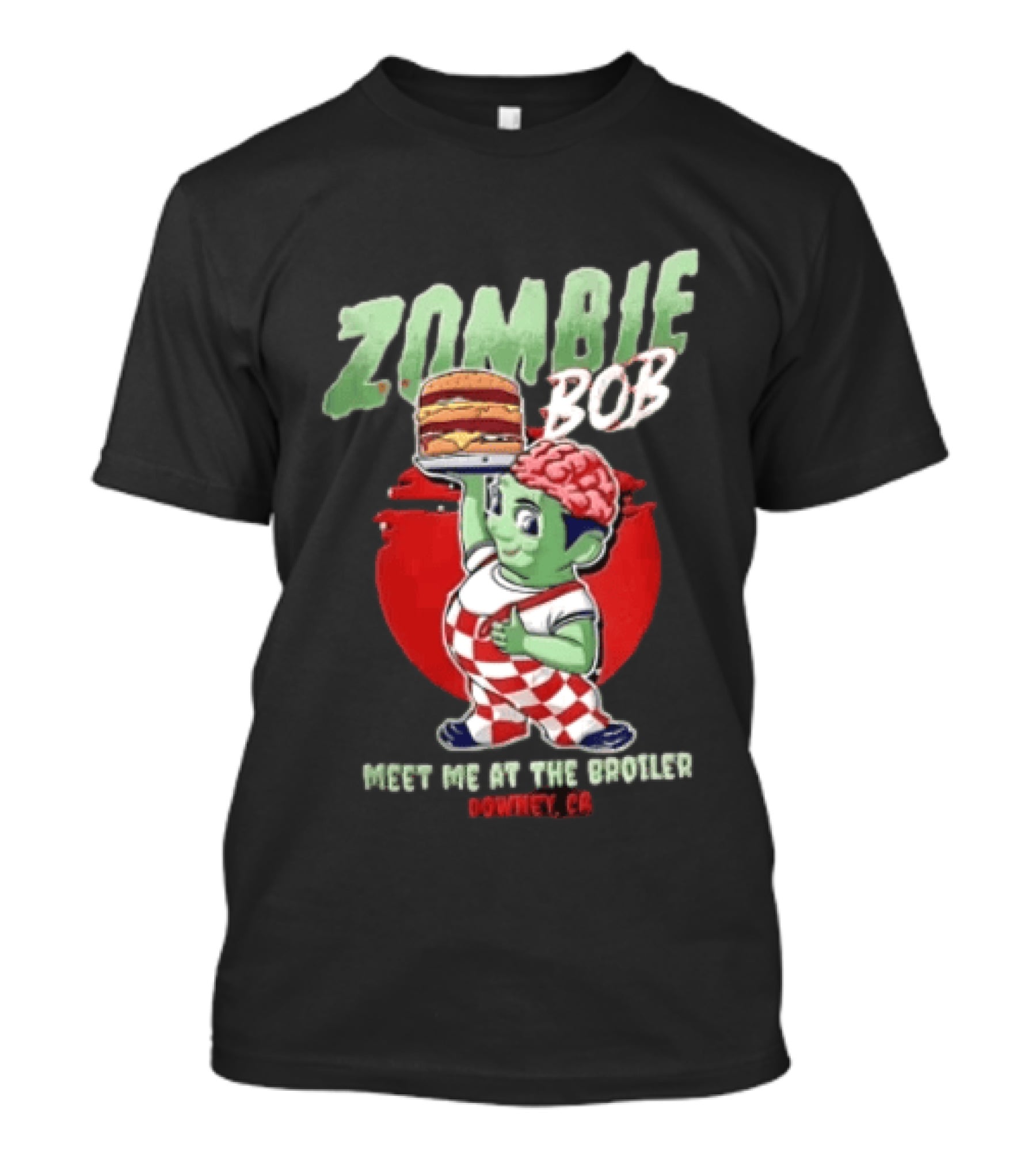 Zombie Bob Meet Me At The Broiler Downey CA Green With Exposed Brain T-Shirt