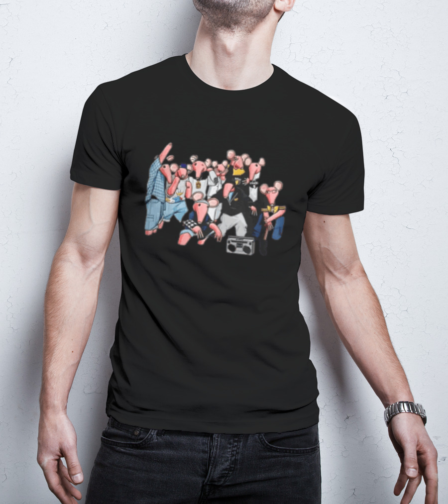 Group Of Pink Anthropomorphic Rats In Hip Hop Streetwear With Boombox T-Shirt