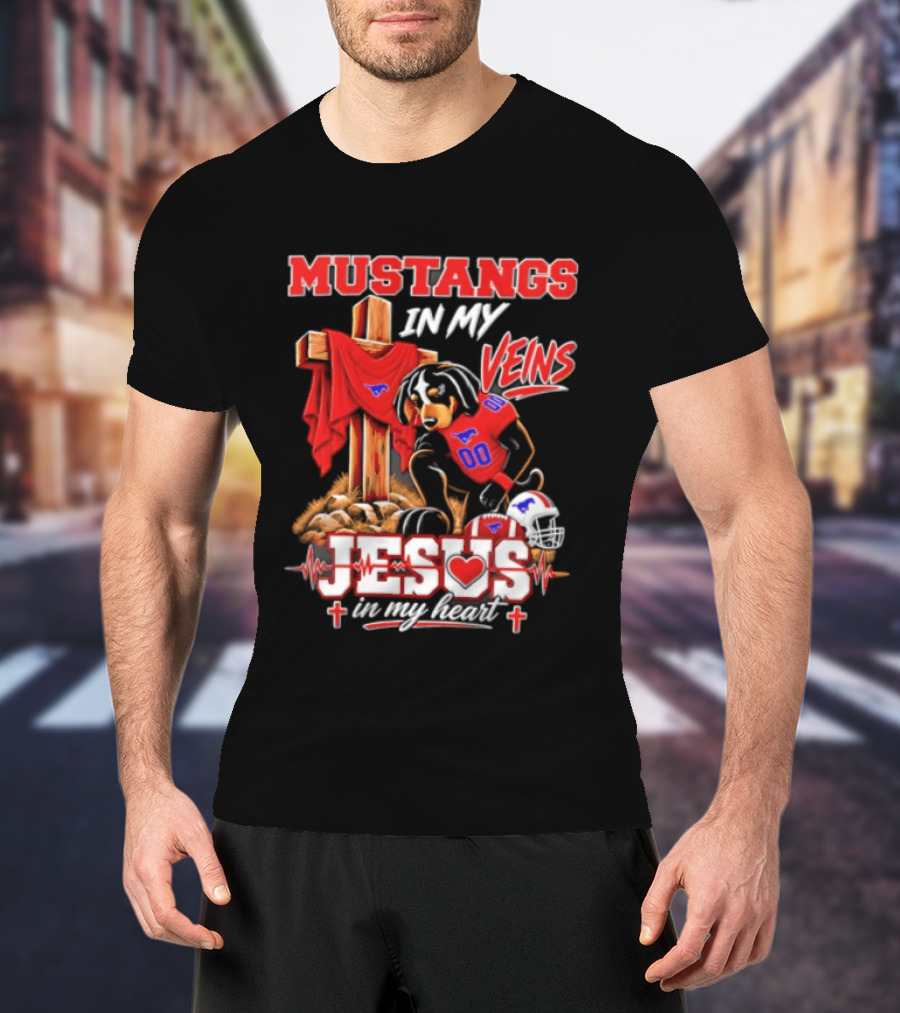 Mustangs In My Veins Football Faith Jesus In My Heart T-Shirt