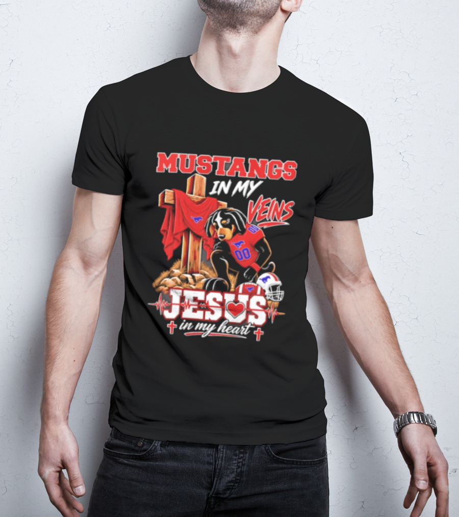 Mustangs In My Veins Football Faith Jesus In My Heart T-Shirt
