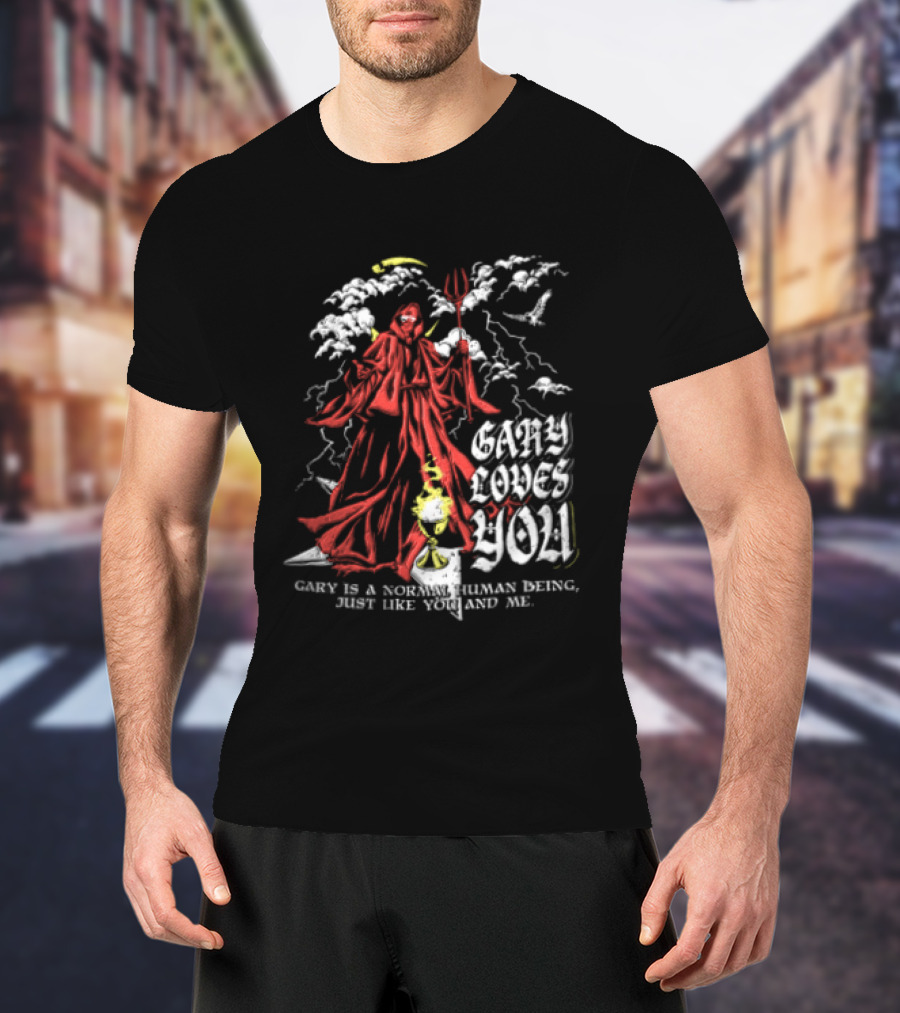 Gary Loves You Gary Is A Normal Human Being Just Like You And Me Red Cloaked Figure With Lightning And Clouds T-Shirt