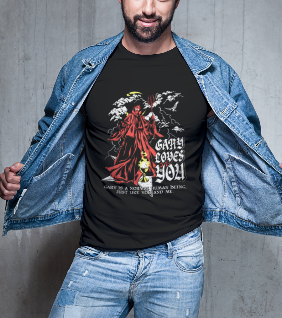 Gary Loves You Gary Is A Normal Human Being Just Like You And Me Red Cloaked Figure With Lightning And Clouds T-Shirt