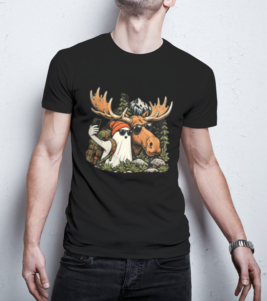 Ghost Backpack Selfie With Moose In Forest Adventure Scene T-Shirt