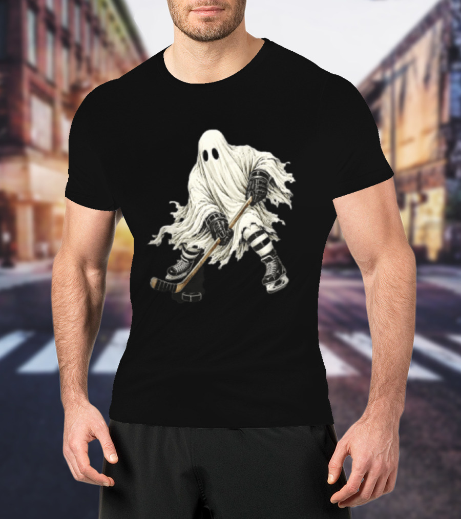 Halloween Ghost Playing Ice Hockey Costume Fun T-Shirt