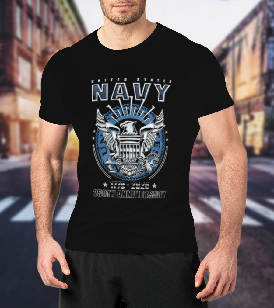 United States Navy 1775 2025 250th Anniversary Silver Eagle Holding Shield T-Shirt