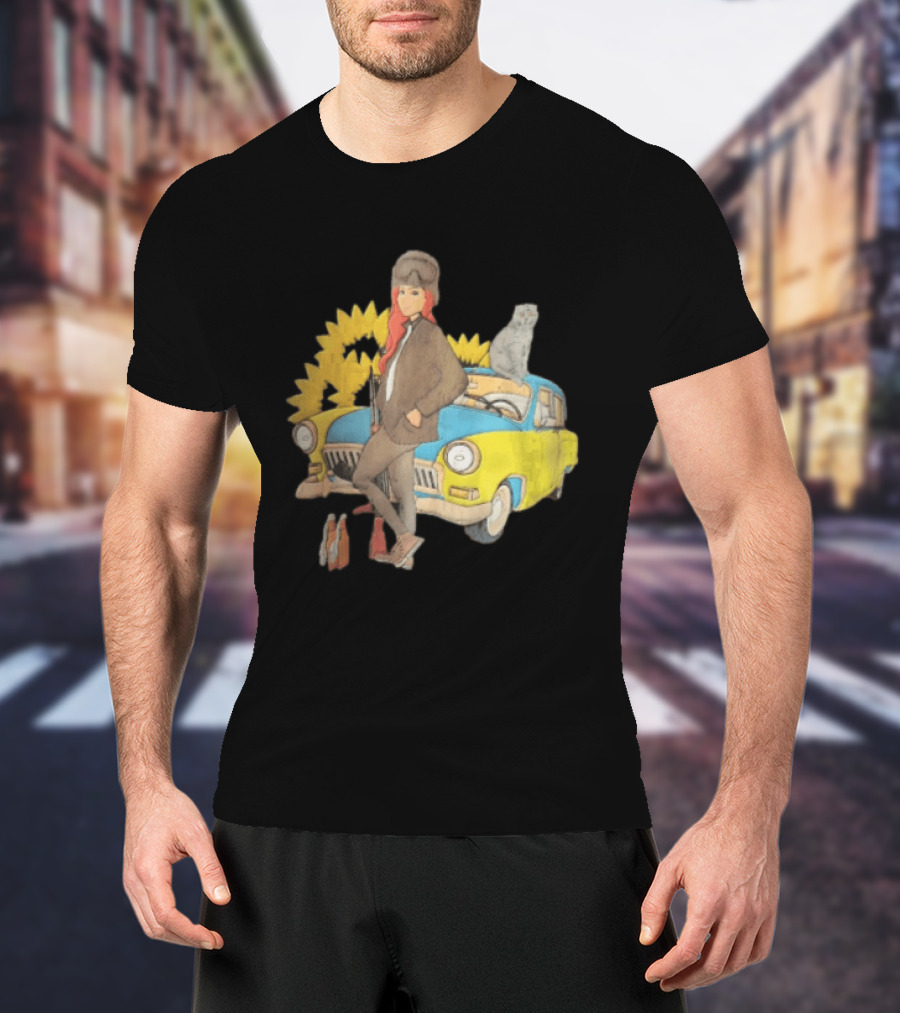 Woman Soldier With Cat On Vintage Car And Sunflowers T-Shirt
