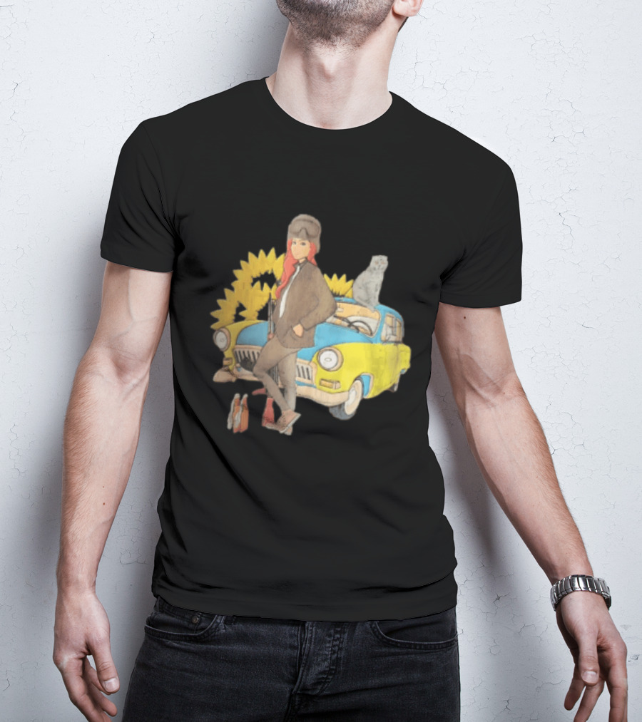 Woman Soldier With Cat On Vintage Car And Sunflowers T-Shirt