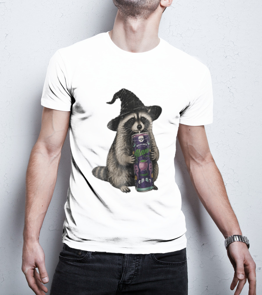 Alani Witches Brew Raccoon Witch Hat Can Holding T-Shirt