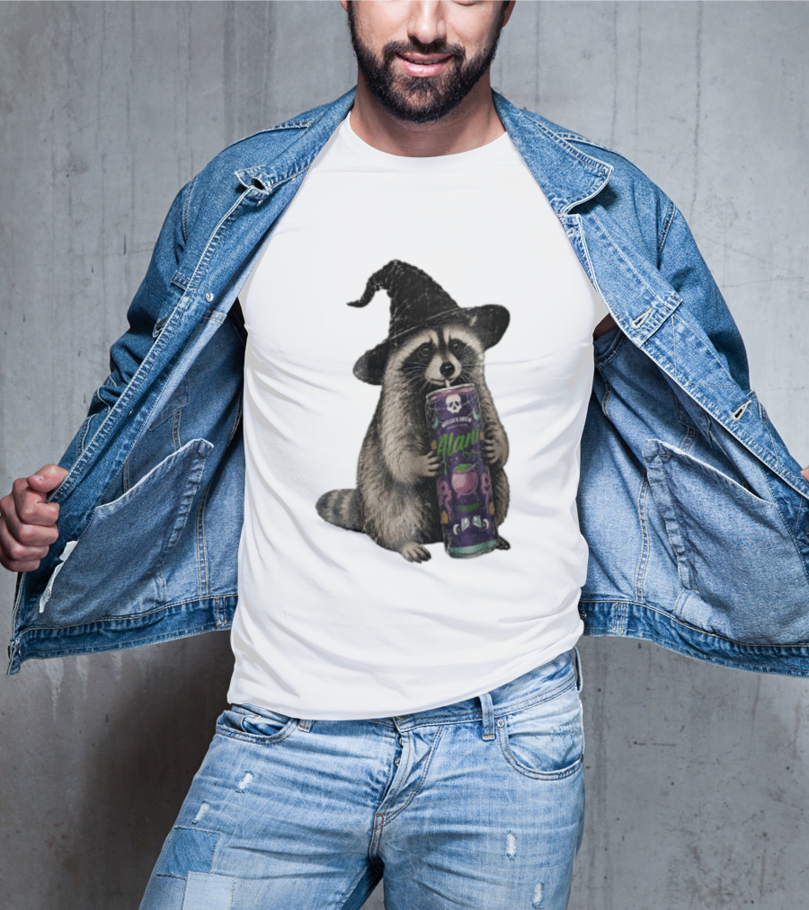 Alani Witches Brew Raccoon Witch Hat Can Holding T-Shirt