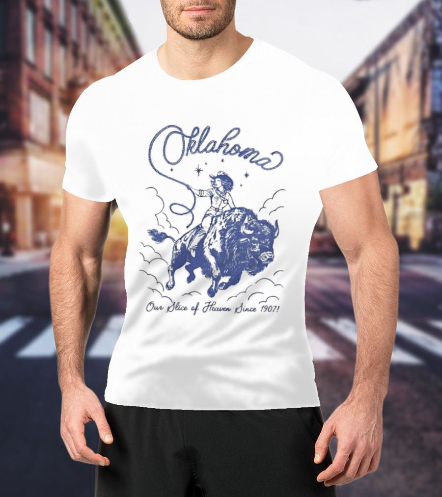 Oklahoma Our Slice Of Heaven Since 1907 Cowgirl Riding Buffalo T-Shirt
