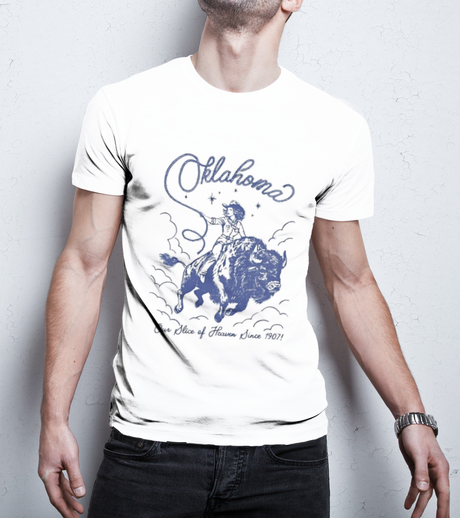Oklahoma Our Slice Of Heaven Since 1907 Cowgirl Riding Buffalo T-Shirt
