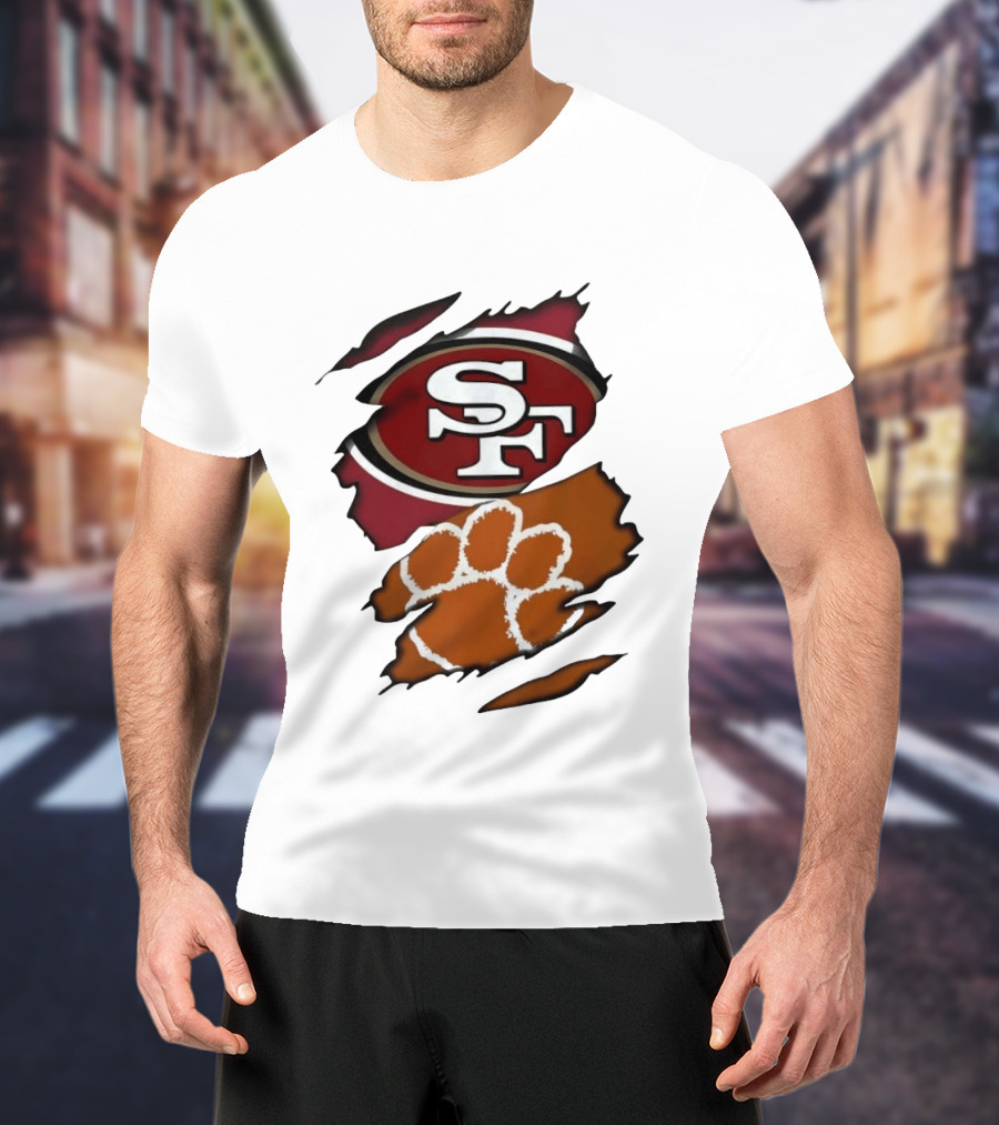 San Francisco 49ers SF And Clemson Tigers Paw Ripped Fabric T-Shirt