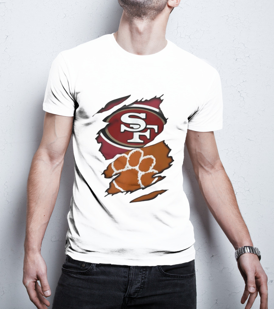 San Francisco 49ers SF And Clemson Tigers Paw Ripped Fabric T-Shirt