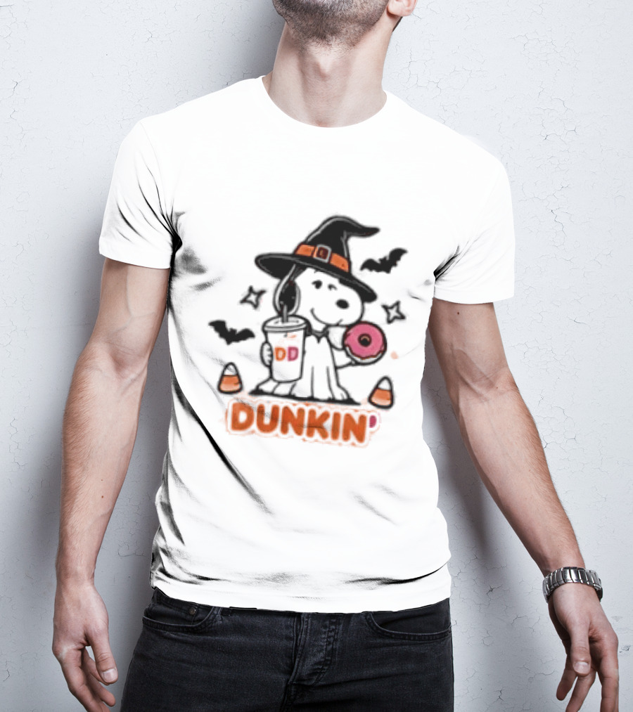 Snoopy Dunkin Donuts Halloween Witch Doughnut Coffee Cup Bats Candy Corn T-Shirt