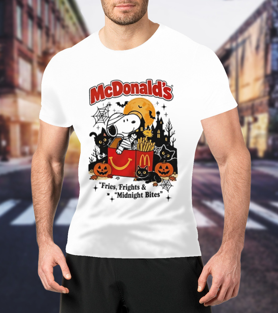 Snoopy McDonald's Halloween Fires Frights Midnight Bites Pumpkin Black Cat Moon T-Shirt