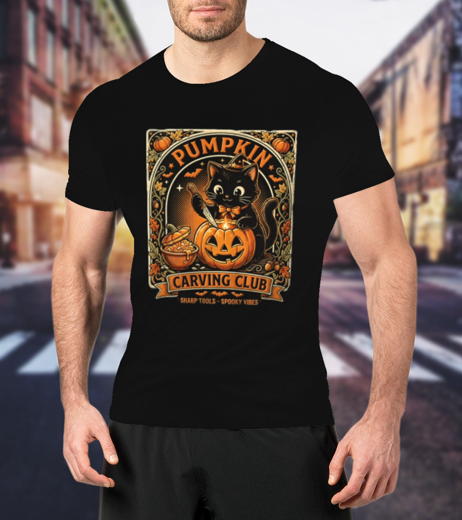 Pumpkin Carving Club Black Cat Sharp Tools Spooky Vibes T-Shirt