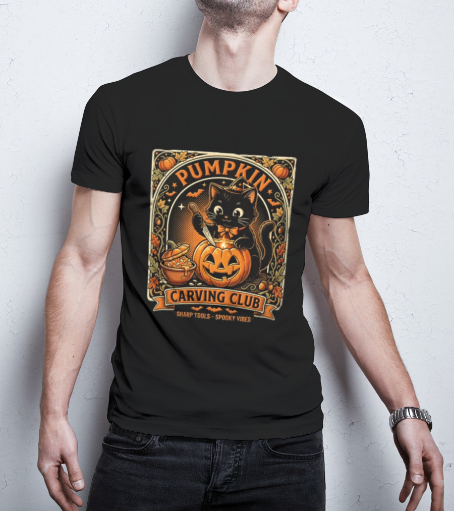Pumpkin Carving Club Black Cat Sharp Tools Spooky Vibes T-Shirt