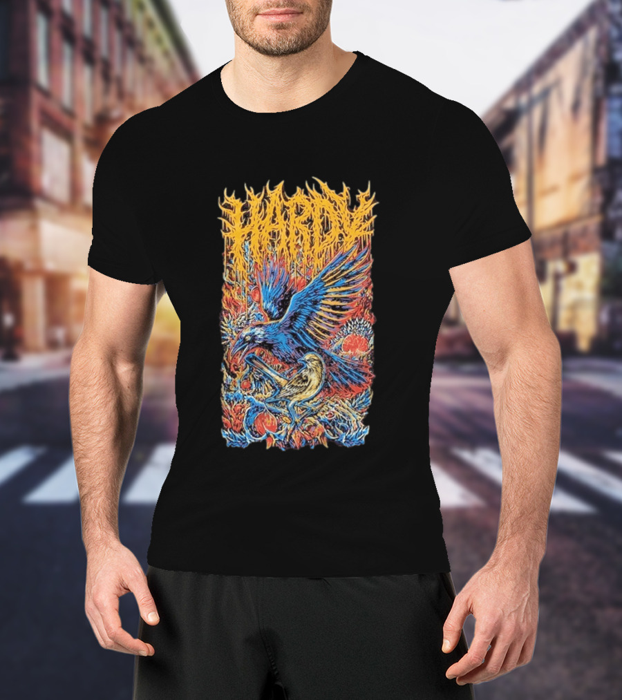 Hardy Blue And Yellow Birds With Fruit In Fiery Scene T-Shirt